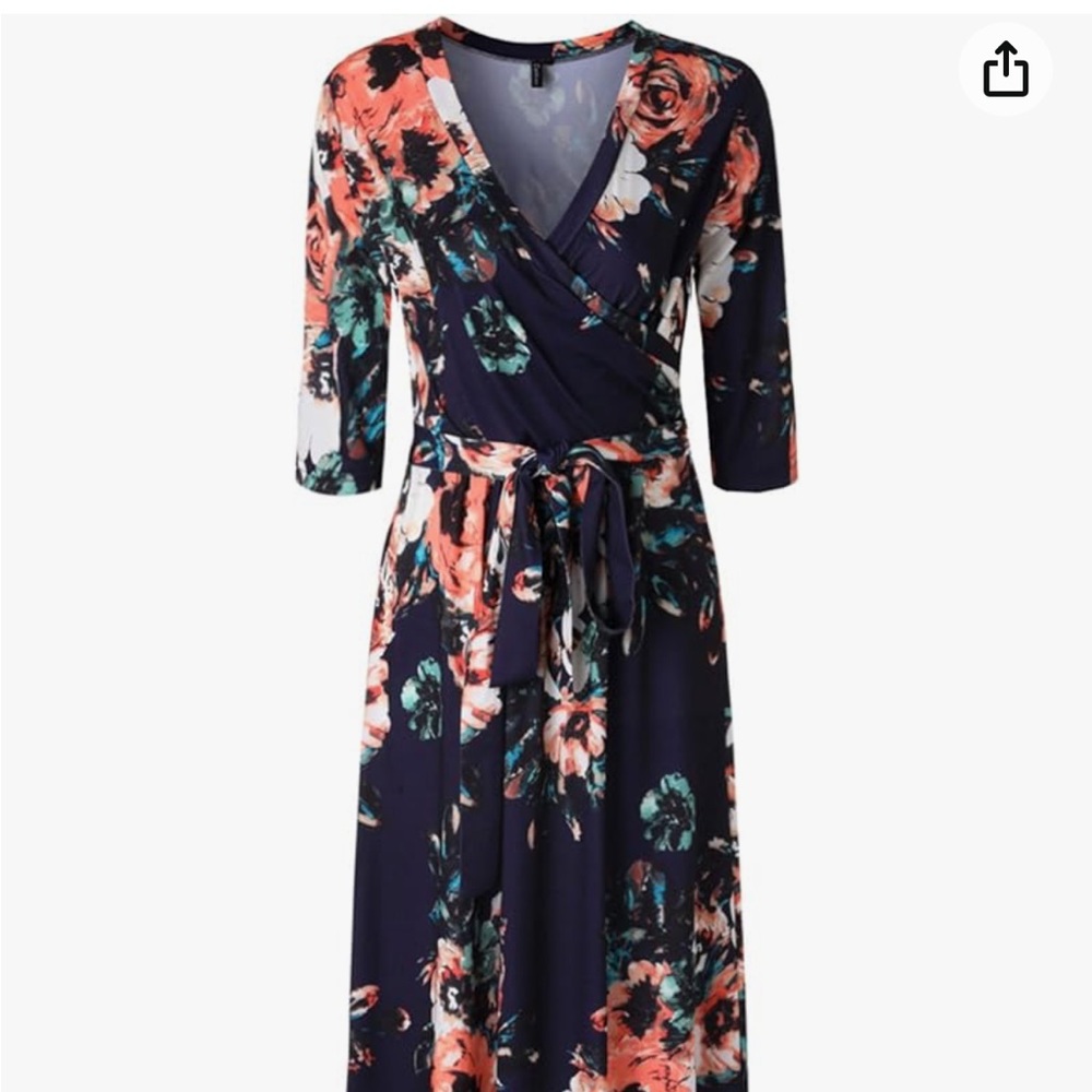 Zattcas Women’s 3/4 sleeve Floral Print Faux Wrap long Maxi Dress with Belt